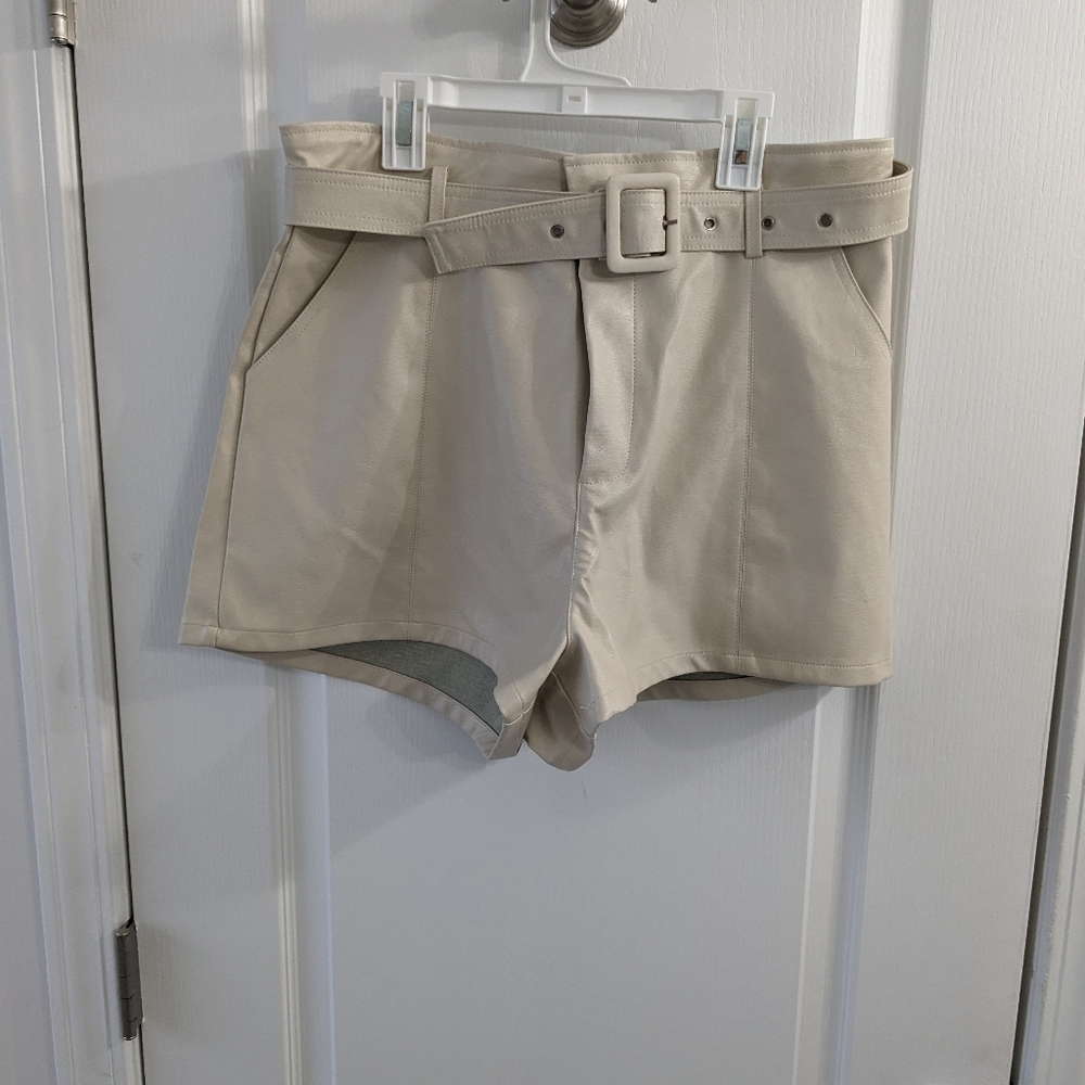 Beige Faux Leather Shorts with belt
